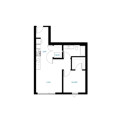 Floor plan for 1 bed, 1 bath, 629 sqft